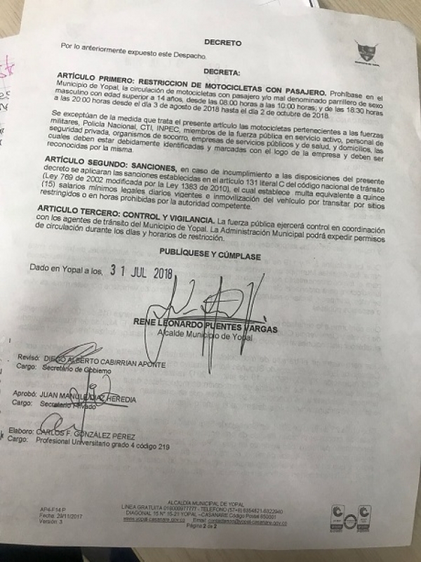 Hoy inicia la restricción del parrillero hombre en Yopal