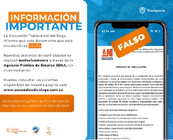 Concesión Vial del Sisga advirtió sobre mensajes falsos que desconocidos están enviando a nombre de la empresa