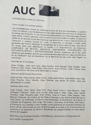 Con panfletos grupo armado amenazó con hacer “limpieza social” en Yopal