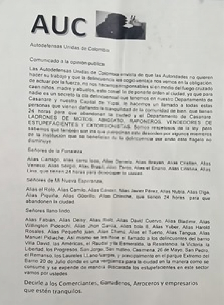 Con panfletos grupo armado amenazó con hacer “limpieza social” en Yopal