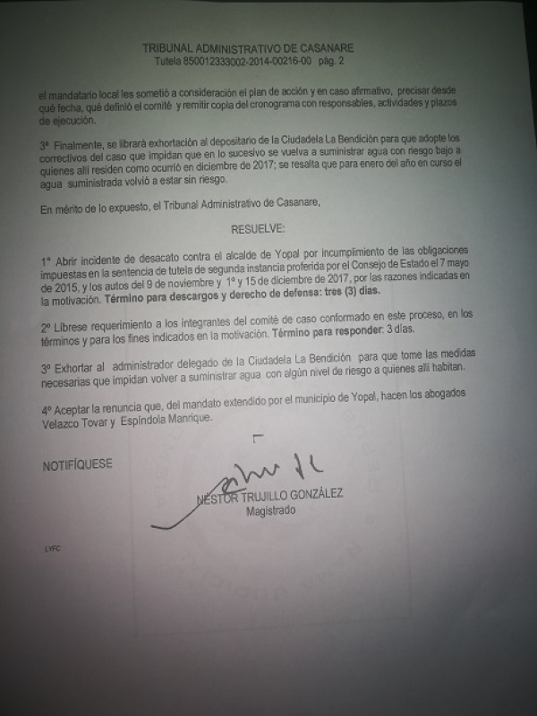 Alcalde de Yopal tiene 3 días para explicar ante el Tribunal incumplimiento a La Bendición