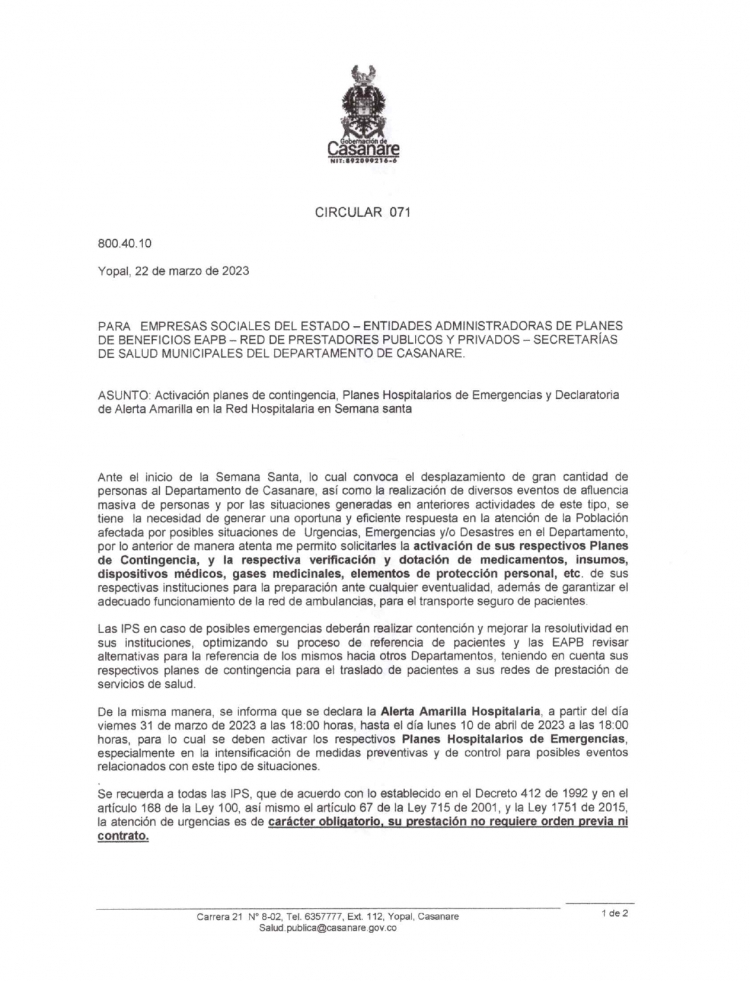 Secretaría de Salud de Casanare emitió alerta amarilla como medida preventiva para Semana Santa