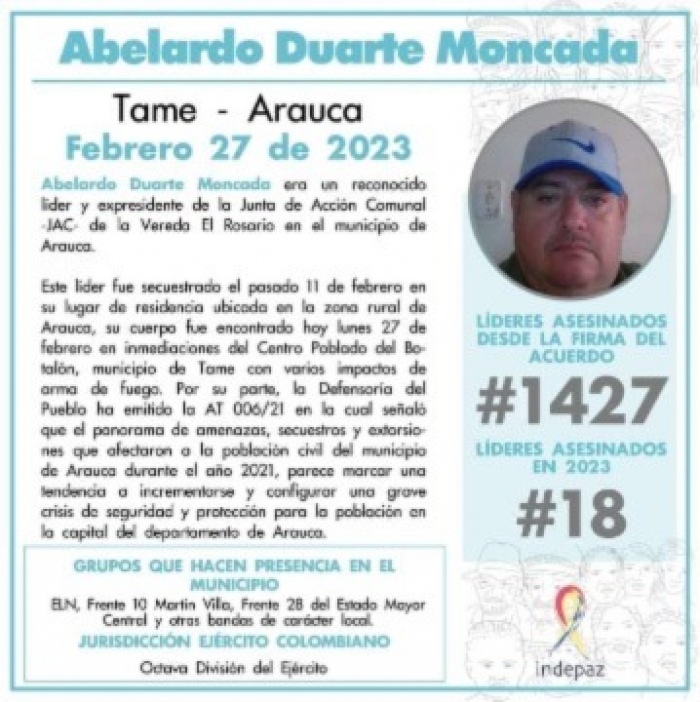Muerte de Abelardo Duarte prendió las alarmas sobre la situación de seguridad de los líderes comunales de Arauca