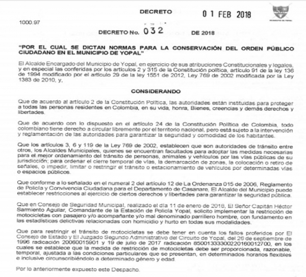 Prohibido en Yopal parrillero hombre en motocicletas desde esta noche