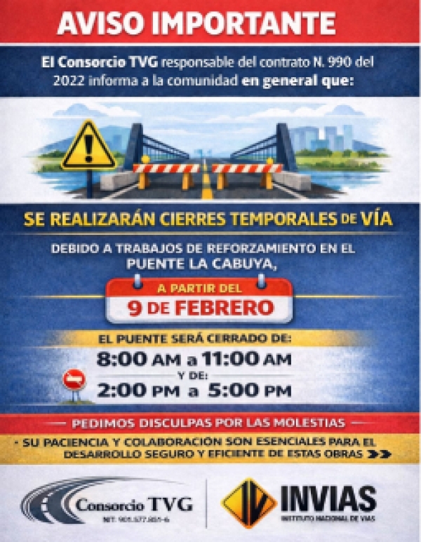 Consorcio TVG anuncia cierres parciales en el puente La Cabuya por labores de mantenimiento