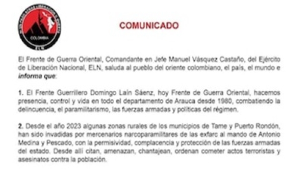 ELN impone toque de queda en 17 veredas de Arauca