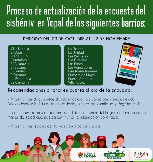 Hasta el 12 de noviembre se realizarán encuestas del Sisbén en la comuna IV de Yopal