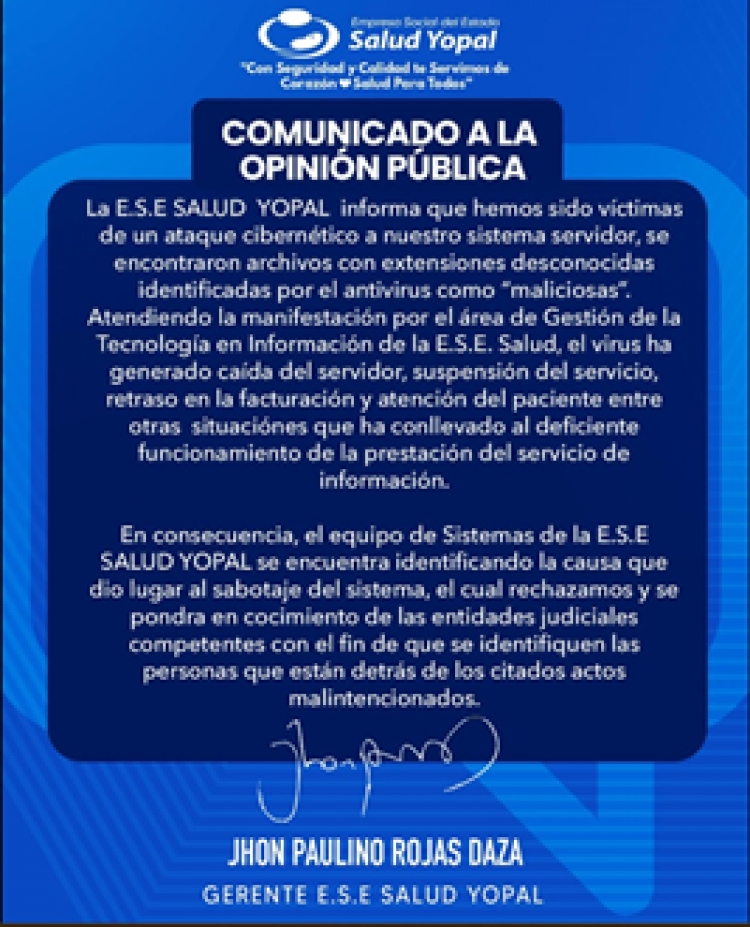 ESE Salud Yopal es víctima nuevamente de un ataque cirbernético
