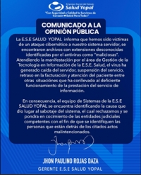 ESE Salud Yopal es víctima nuevamente de un ataque cirbernético