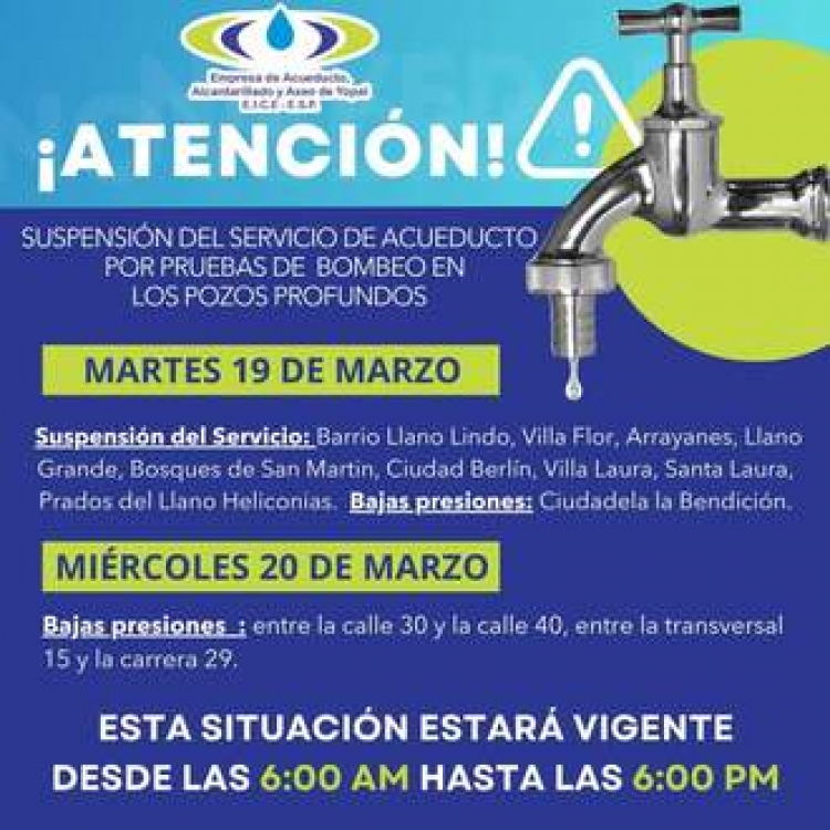 Empresa de Acueducto anunció suspensión temporal del servicio por pruebas en pozos profundos