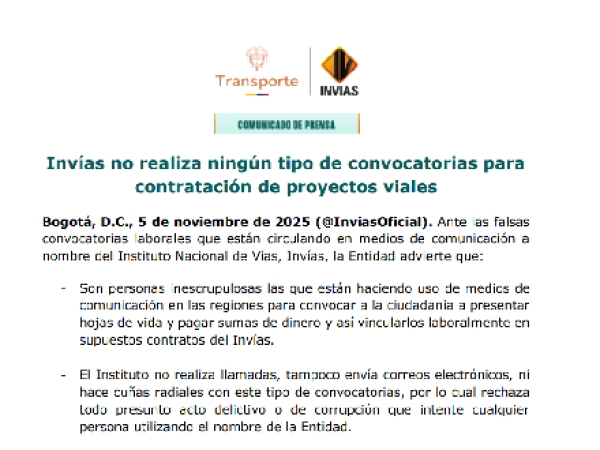 Invías advierte sobre falsas convocatorias laborales