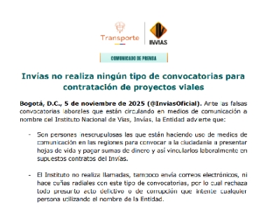 Invías advierte sobre falsas convocatorias laborales