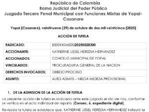 Fue admitida Tutela contra concurso para escoger secretario del Concejo de Yopal
