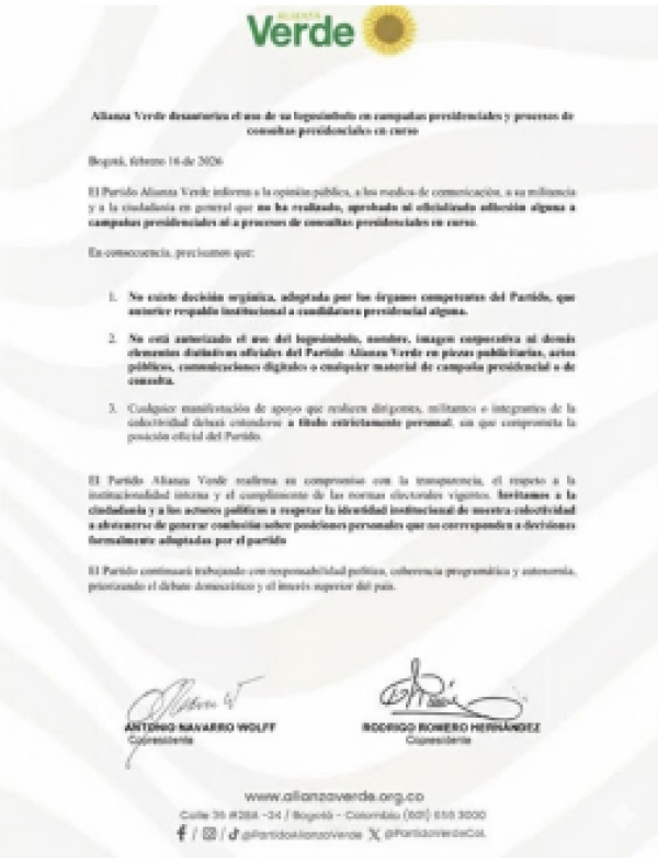 El Partido Alianza Verde desautoriza uso de su imagen en campañas presidenciales