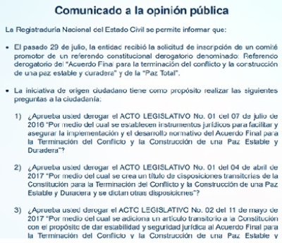Registraduría recibió solicitud de referendo para derogar acuerdos de paz
