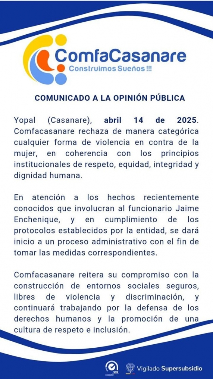 Comfacasanare se pronunció frente a agresión verbal contra una mujer protagonizado por uno sus funcionarios