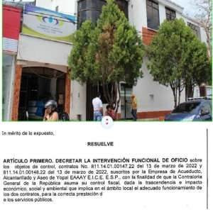 Contraloría General asumió investigacion, vigilancia y control de contratos de la EAAAY para obras de saneamiento básico.