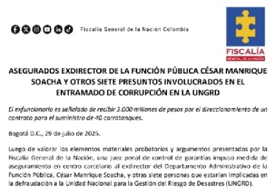 Fue enviado a la cárcel exdirector de la Función Pública por contratos irregulares en la UNGRD