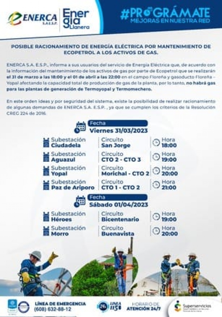Posible racionamiento de energía eléctrica por mantenimiento de Ecopetrol a los activos de gas