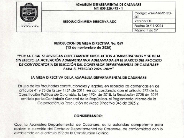 Asamblea de Casanare anuló convocatoria para elección de contralor departamental