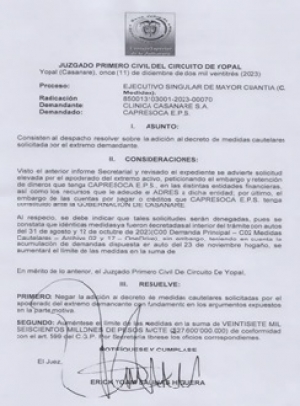 Juzgado incrementó el valor del embargo a Capresoca
