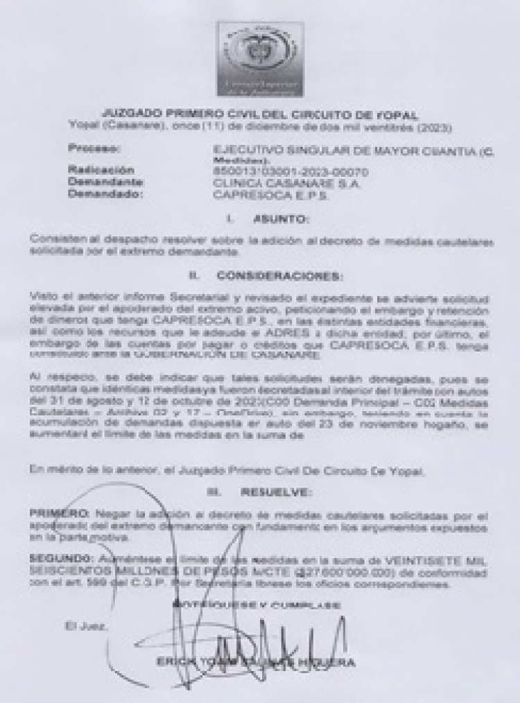 Juzgado incrementó el valor del embargo a Capresoca