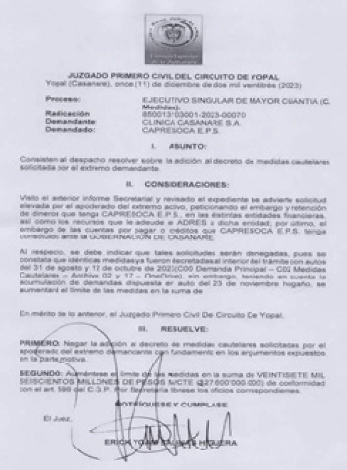 Juzgado incrementó el valor del embargo a Capresoca