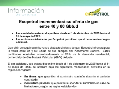 Ecopetrol anunció que aumentará oferta de gas
