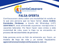 Comfacasanare alerta sobre estafa laboral con falsa oferta de empleo difundida por WhatsApp y Zoom