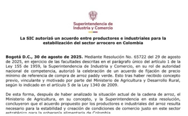 Superintendencia de industria y comercio autorizó acuerdo  para la estabilización del precio del arroz
