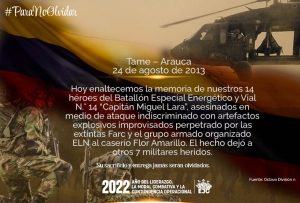 El Ejército Nacional honra la memoria de14 militares asesinados en Tame, Arauca