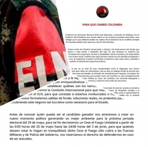 ELN señala que está dispuesto a reanudar diálogos con el presidente de Colombia que resulte electo