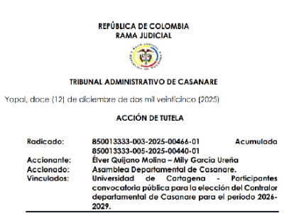 Tribunal revoca tutela que ordenaba continuar concurso de contralor de Casanare