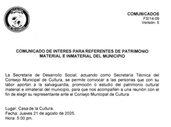 Alcaldía de Tauramena convoca a la conformación del consejo municipal de cultura