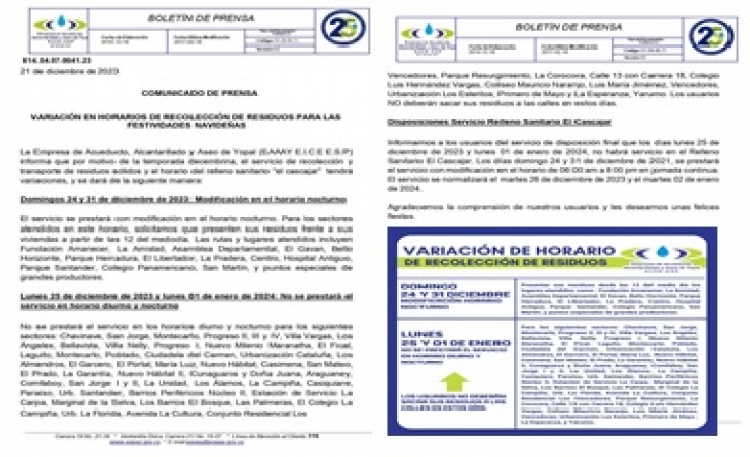 El lunes festivo primero de enero no habrá recolección de basuras en Yopal