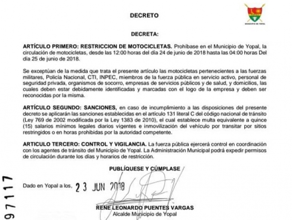 Se restringe circulación de motos hoy en Yopal