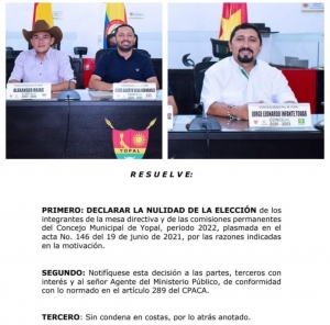 Juez declaró nulidad de la elección de la actual mesa directiva del Concejo de Yopal